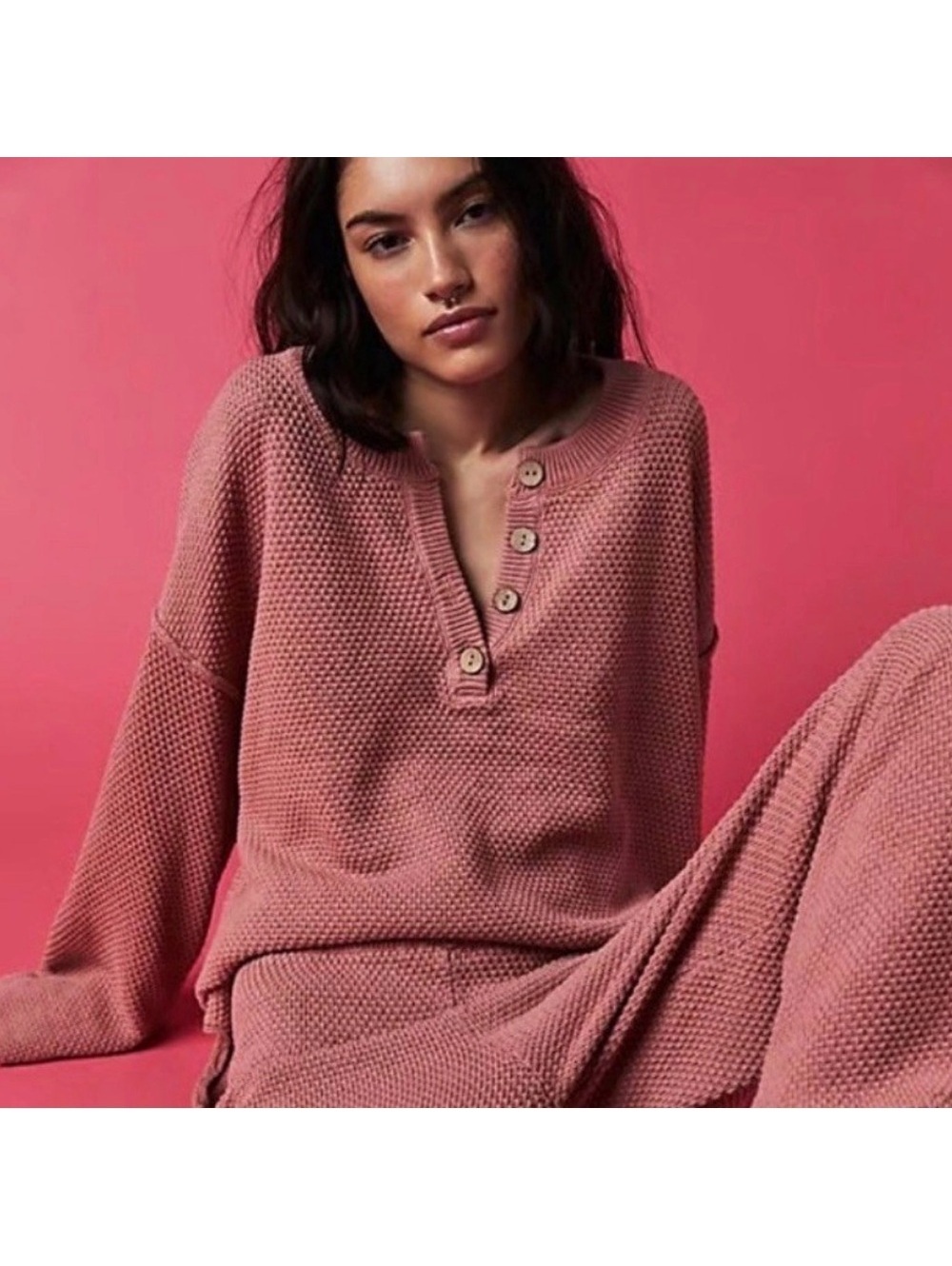 Free People Beach Hailee Coastal Grandma Cotton Knit Henley Sweater xs